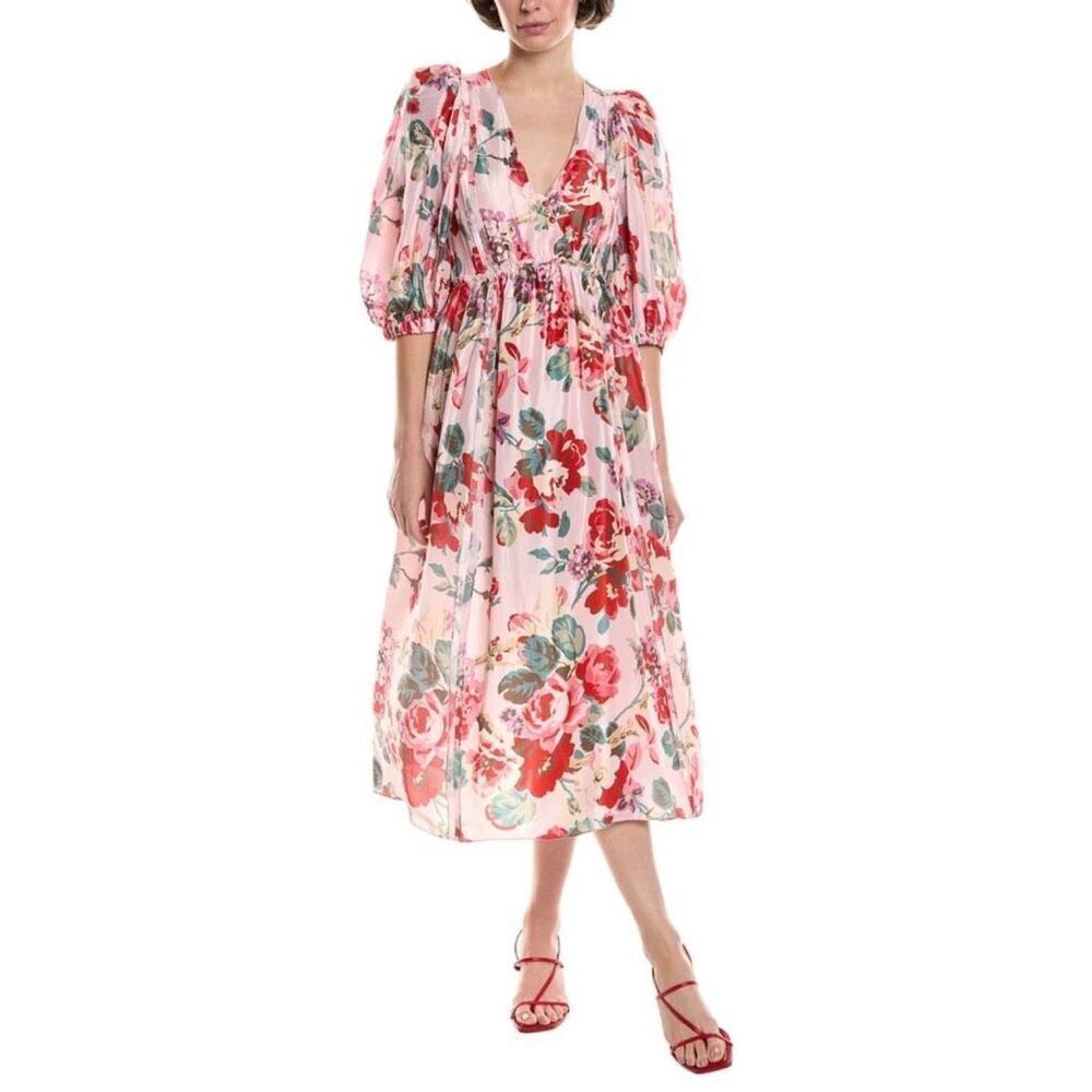 Sea New York Laine Silk Midi Dress Small Pink Floral Puff Sleeve NWOT Wedding